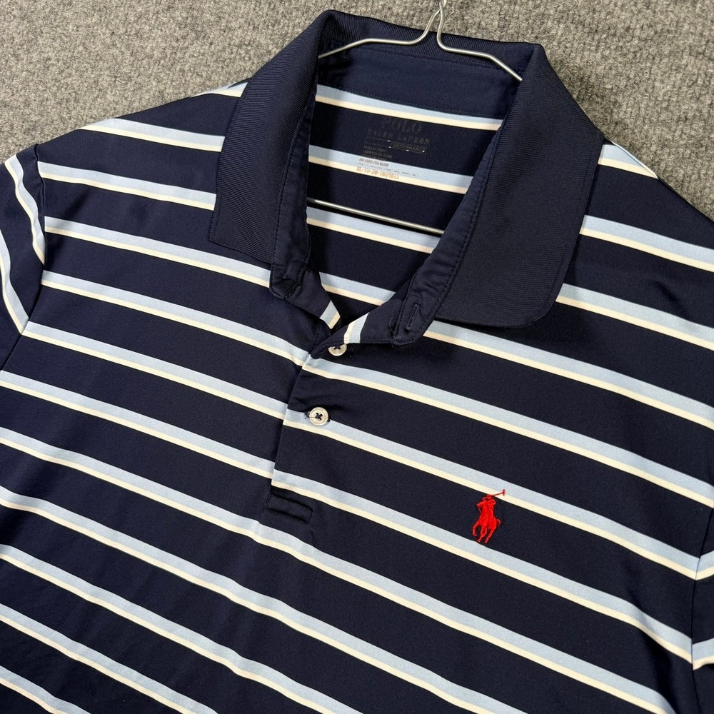 Polo Ralph Lauren Performance Polo Mens XL Navy Blue Striped Short Sleeve Shirt